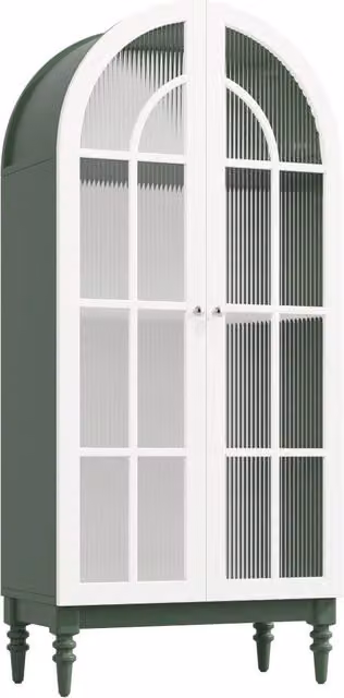 Vetrina ad Arco 165 cm con Ante in Vetro Rilievo, 3 Ripiani, MDF e Metallo, Colori Verde Scuro e Bianco