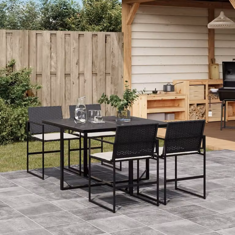 Set da pranzo da giardino vidaXL in polyrattan nero con tavolo in vetro e 5 sedie con cuscini