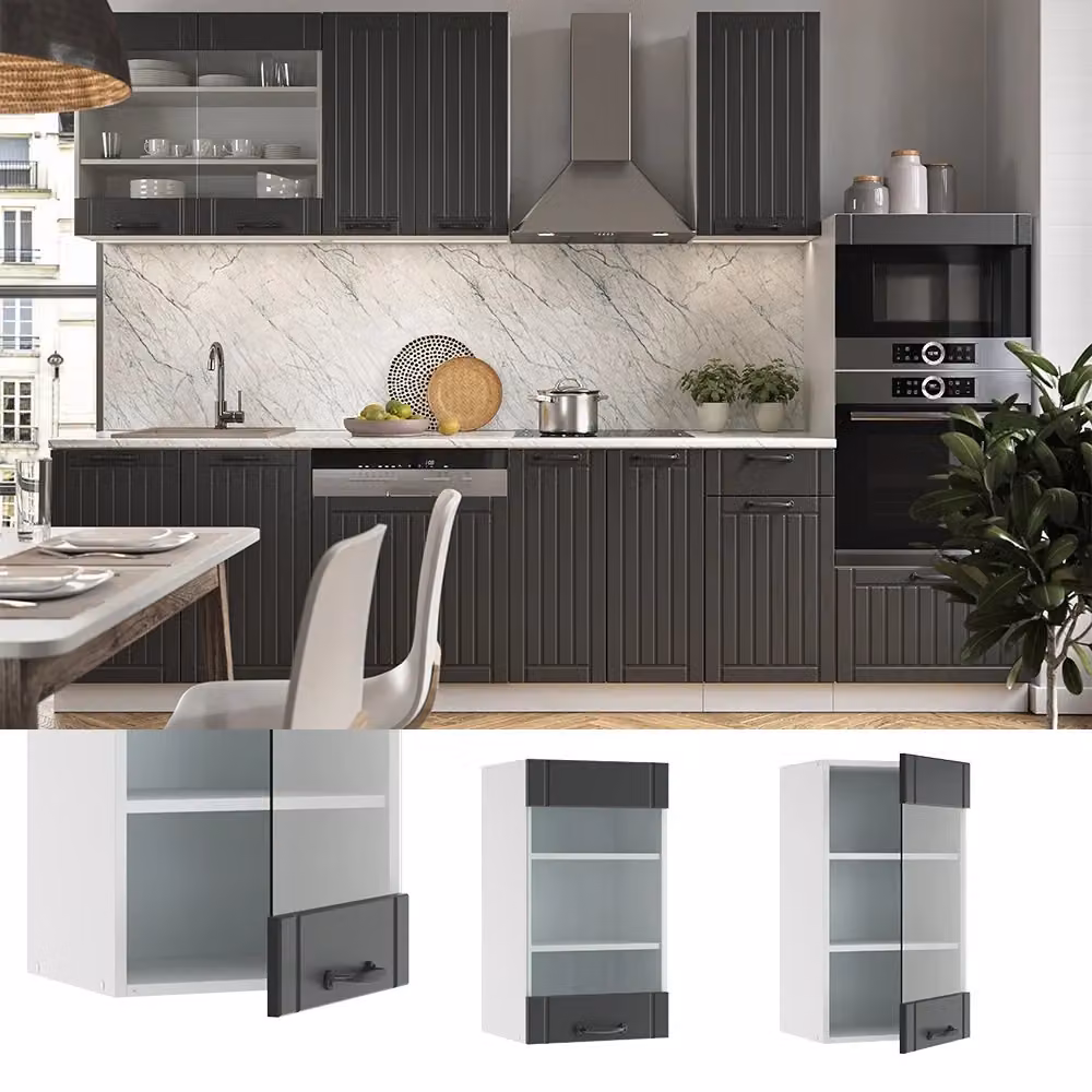 Pensile da cucina Vicco Fame-Line con ante in vetro, Antracite e Bianco, L: 40 cm – 2