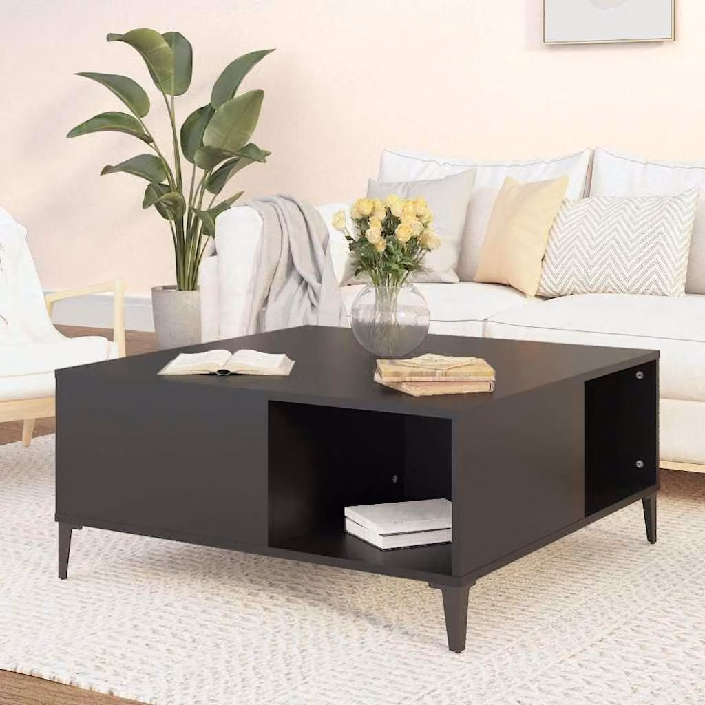 vidaXL Tavolino da Salotto Quadrato Nero in Legno e Metallo L/P/H: 80 x 80 x 36,5 cm