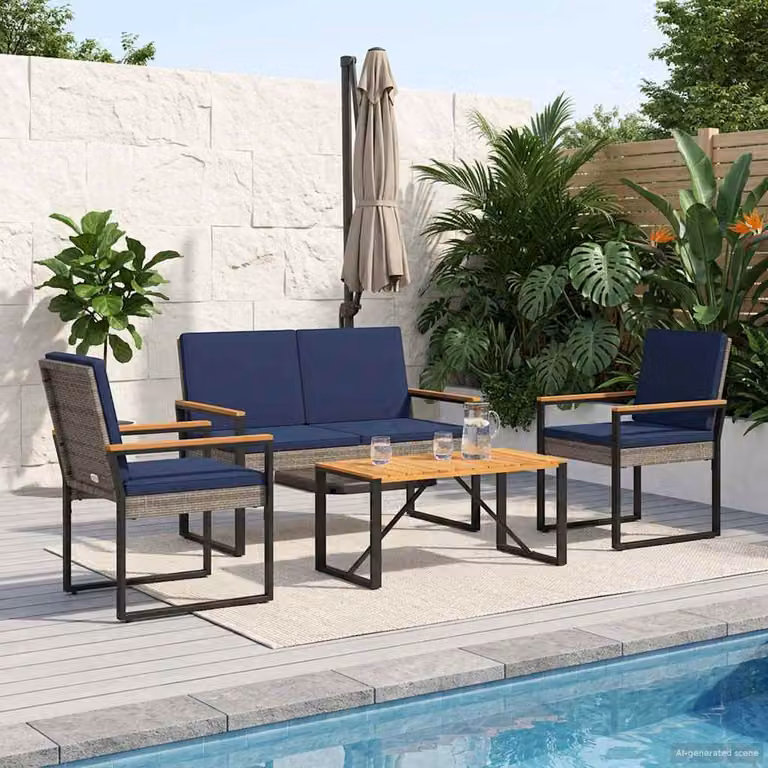 Set di mobili da esterno vidaXL in 4 pezzi in polyrattan con legno di acacia oliato, colori grigio e blu navy