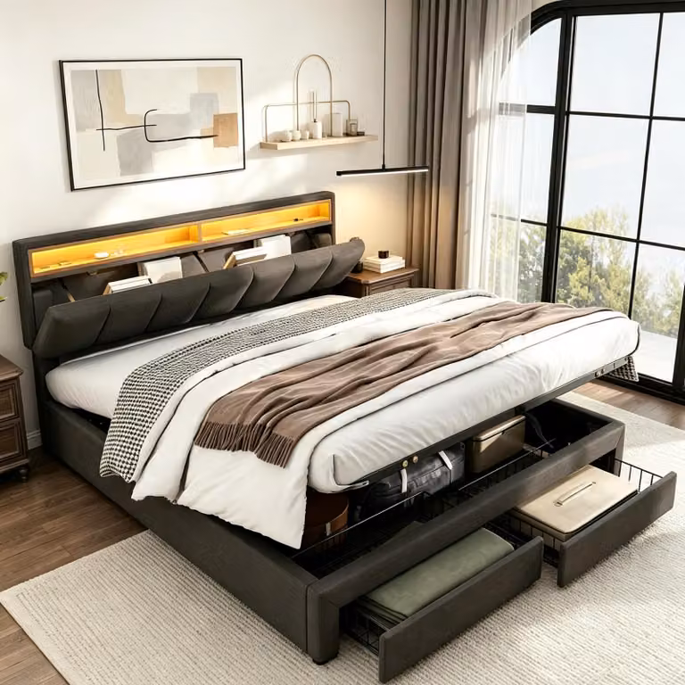 Letto matrimoniale idraulico con box contenitore, 160x200 cm, con illuminazione a LED, imbottito con cassetti, contenitore, adatto ai giovani, con rete a doghe, colore grigio