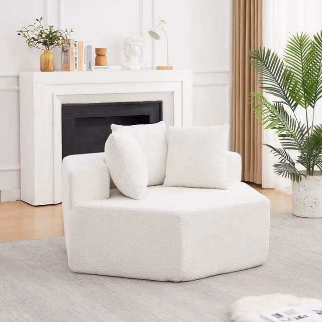 Poltrona lounge esagonale modulare con 3 cuscini in chenille beige