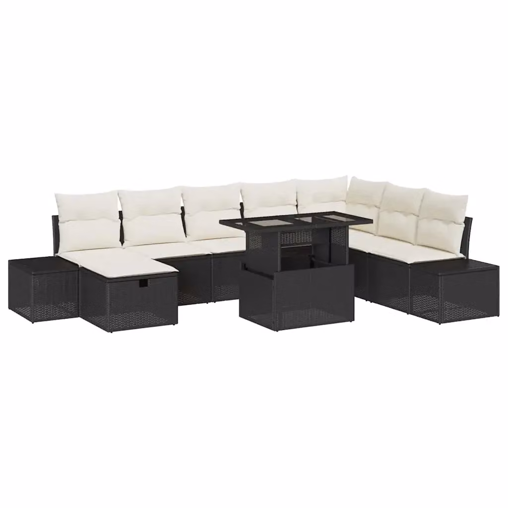 Set Divano da Giardino vidaXL 9 Pezzi Nero con Cuscini e Tavolino da Esterno in Polyrattan e Acciaio – 2