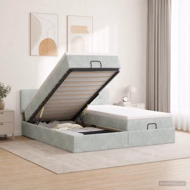 Letto ottomano con contenitore e materasso ibrido vidaXL in velluto grigio e bianco L/P/H: 203 x 200 x 88 cm