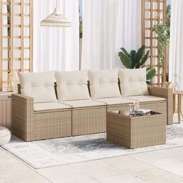 Set Divano da Giardino Moderno VIDAXL in Polyrattan con Cuscini Beige, 5 Pezzi