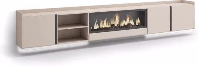 Mobile TV Soggiorno, 315x50x35 cm, Per TV fino a 80", Camino elettrico XXL, Sospeso, da appendere, LED, Beige