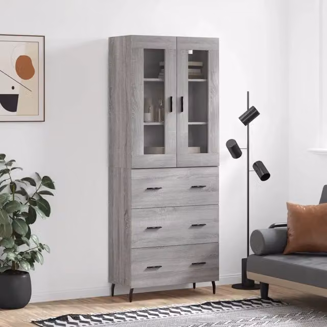 Credenza moderna vidaXL in legno, vetro e metallo, colore grigio, L: 69,5 cm, P: 34 cm, H: 180 cm – 1