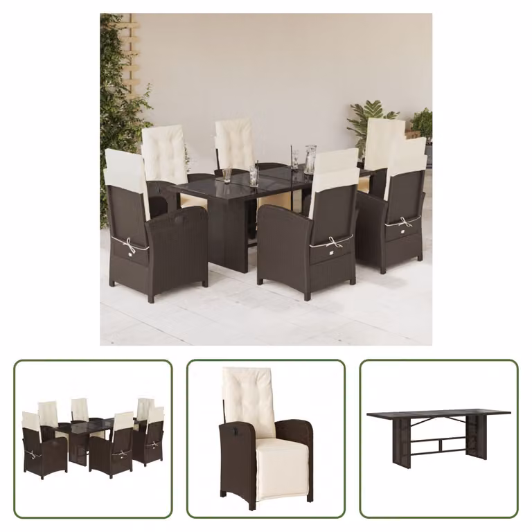 The Living Store Set da pranzo da giardino 7 pezzi con cuscini in polirattan marrone