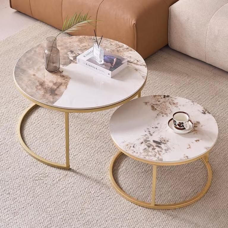 Set di tavolini da caffè: tavolino rotondo, colore bianco, grigio e oro, materiale: metallo e sinterizzata, dimensioni 80x60x45 cm, set da 2 pezzi