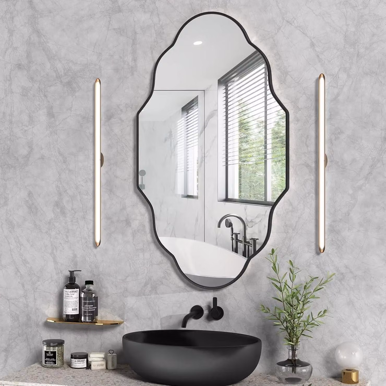 Specchio da parete - Specchio da bagno - Forma irregolare - Ingrandimento - Montaggio a parete - Cornice a lanterna - Stile moderno - 20,3 cm - Nero