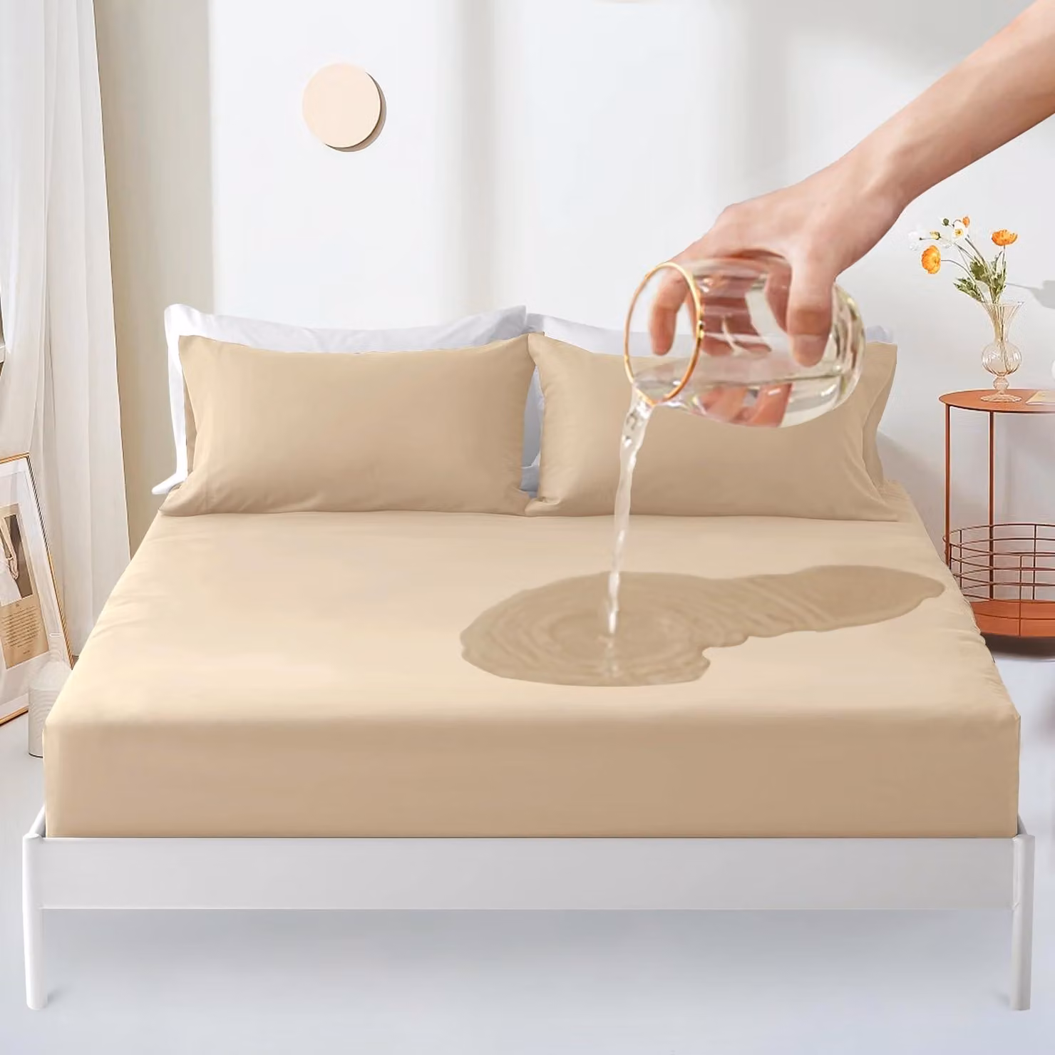 Coprimaterasso impermeabile, 150x200 cm, lenzuolo con angoli, color beige chiaro