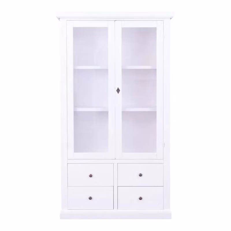 Vetrina Mobili 2G in legno di pino stile shabby chic bianco con 2 ante in vetro e 4 cassetti L: 90 cm, P: 40 cm, H: 160 cm – 2