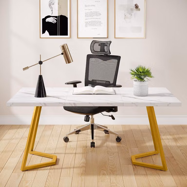 Scrivania, tavolo per computer, 140 x 80 cm, bianco e oro