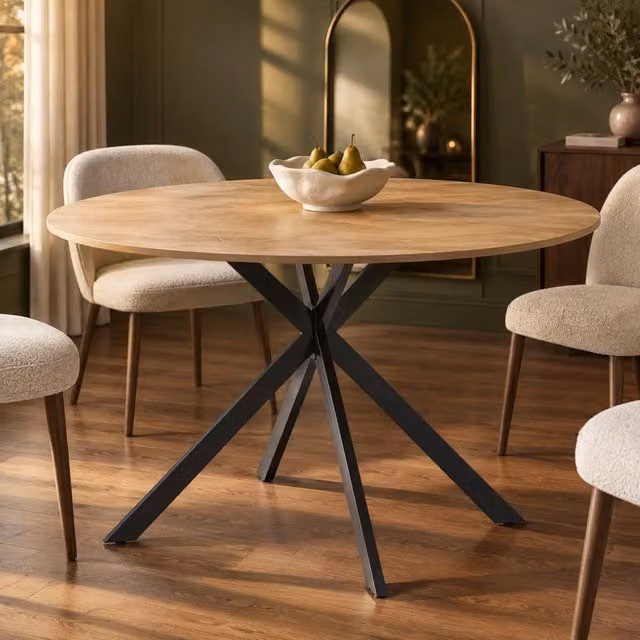 Tavolo da pranzo rotondo Ø120 cm effetto rovere con gambe in acciaio nero, 4 posti