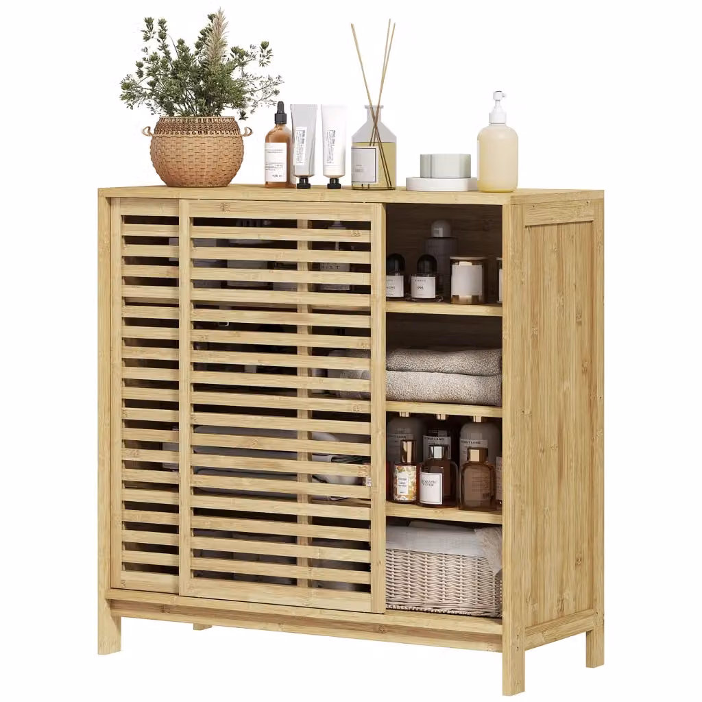 Mobile da Bagno Xylo in Bambù Naturale con 2 Ante Scorrevoli e Ripiani Interni L: 80 cm, P: 34 cm, H: 80 cm – 2