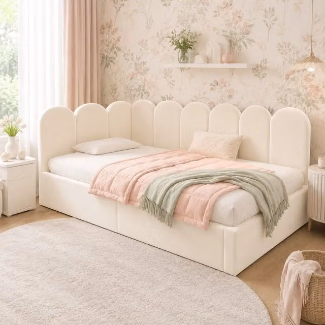 Letto giorno 90x190 cm in velluto beige con contenitore idraulico e struttura in metallo