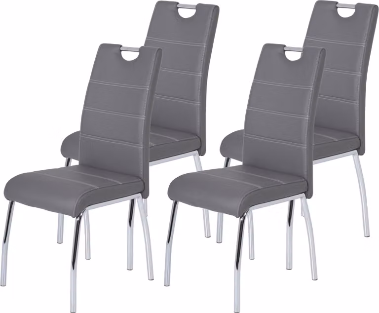 Tavoli Hela, set di 4 sedie da sala da pranzo, sedia a quattro gambe Susi - Pelle finta grigia - Struttura in metallo cromato - Maniglia a staffa - Cuciture trapuntate - Portata max. 120 kg