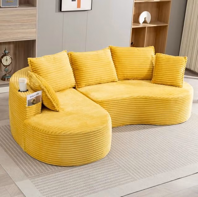 Divano ad arco 250x152x82 cm giallo senape velluto a coste con portabevande