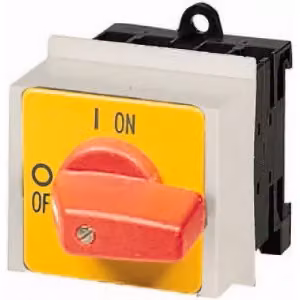 Interruttore on-off Eaton, P1, 25 A, da incasso in quadro, a 3 poli + N, funzione di arresto di emergenza, con manopola rossa e targhetta frontale gialla 017886