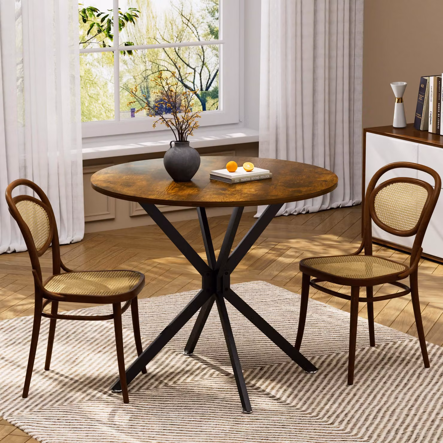 STILVORA Tavolo da pranzo Tavolo da cucina rotondo da 90 cm per 1-4 persone, con robuste gambe in metallo, salvaspazio, per sala da pranzo o soggiorno, marrone e nero