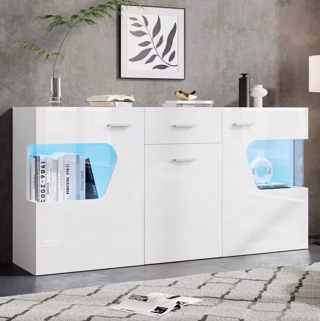 Sideboard 140 x 33 x 70 cm con 3 ante; cassetto e LED; MDF e vetro; bianco lucido