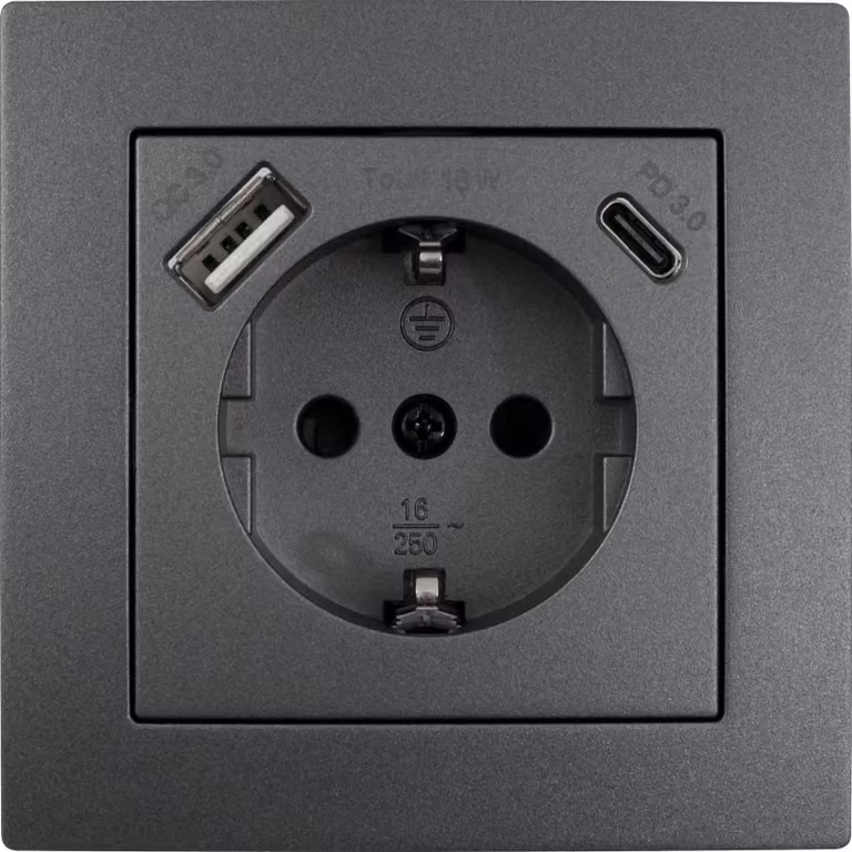 Presa di corrente McPower "Flair" con contatto di terra, 1x USB-C - 18W Quickcharge - 1x USB-A, antracite, opaco