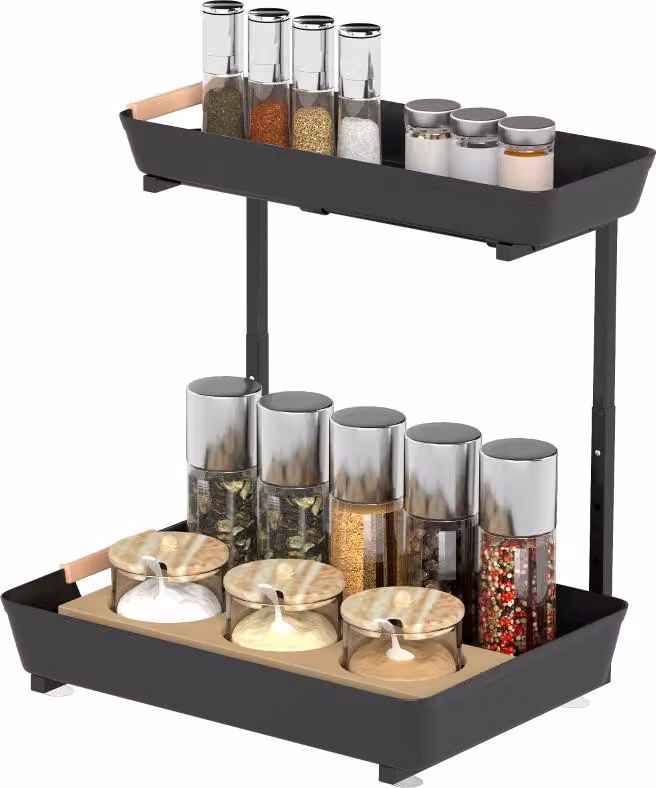 Scaffale da cucina, scaffale verticale regolabile in altezza con 2 cestini, bar 40 x 30 x 33,5-42 cm