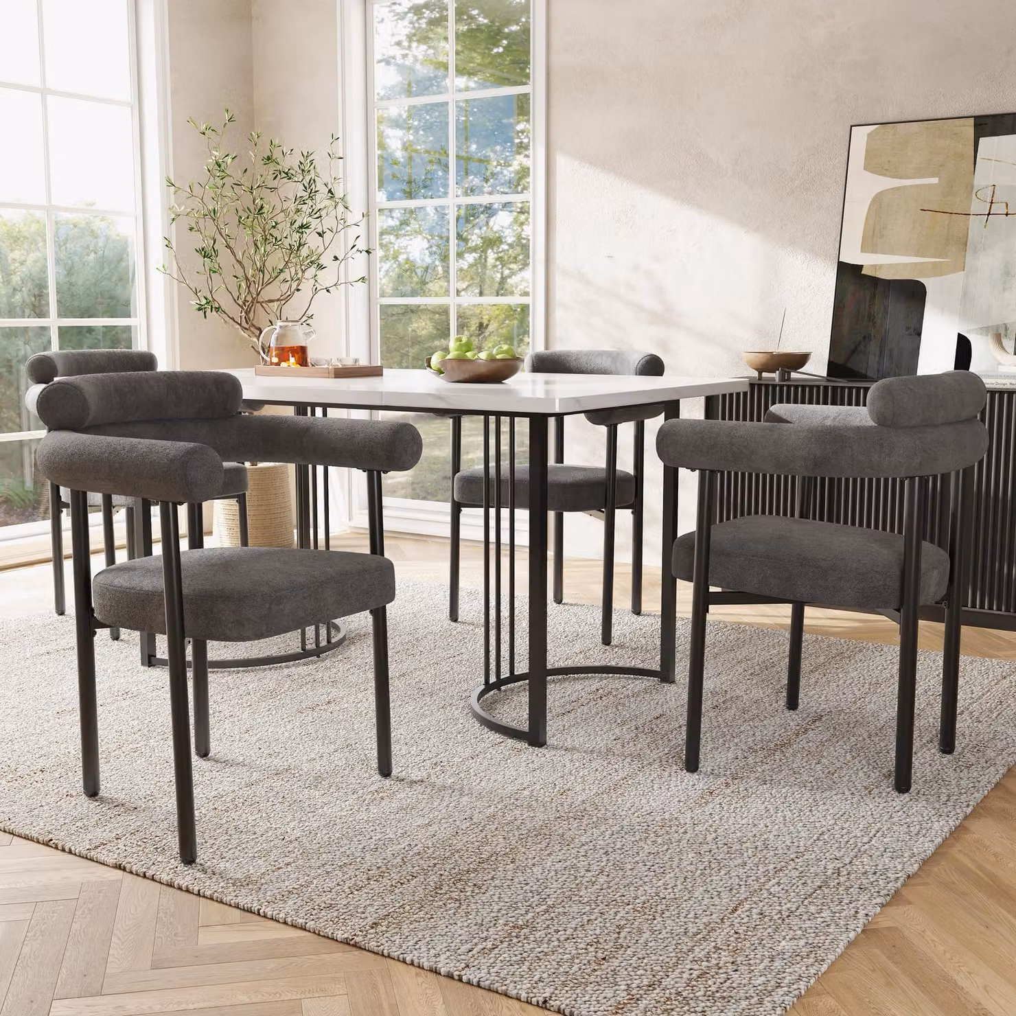 Fortuna Lai: 4 sedie da pranzo, sedie moderne e semplici realizzate in tessuto di pelle scamosciata color grigio scuro, con sedute ergonomiche a forma di anello, adatte per sale da pranzo, soggiorni e uffici, disponibili in diversi colori