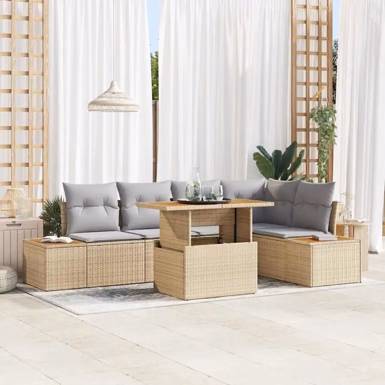 Set Divano da Giardino Moderno vidaXL in Rattan e Metallo, 6 Pezzi, Beige