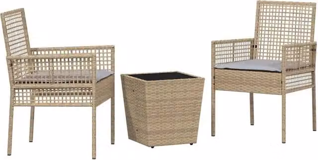Set Bistro da Giardino Moderno 3 Pezzi in Polyrattan Beige con Tavolo in Vetro