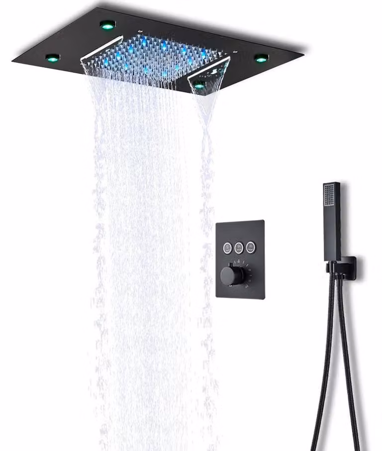 Doccia a pioggia con LED – Termostatica – Montaggio a soffitto, modello cascata e con telecomando – Nero opaco