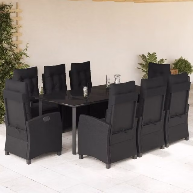 Set da pranzo da giardino vidaXL in polyrattan nero con tavolo in vetro e 9 pezzi
