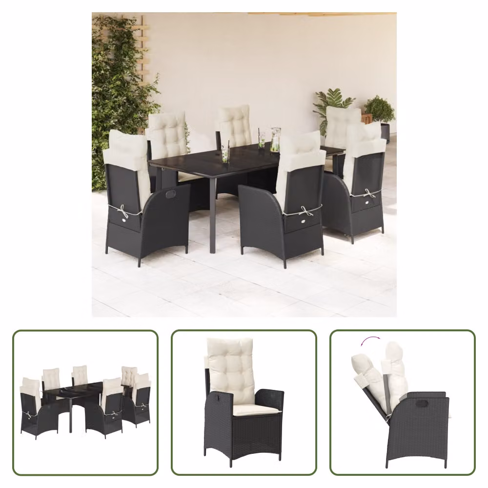 The Living Store Set da pranzo da giardino 7 pezzi con cuscini in polirattan nero