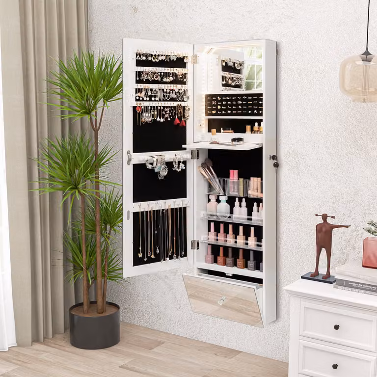 Armadio portagioie a muro con specchio lungo Costway, colore bianco