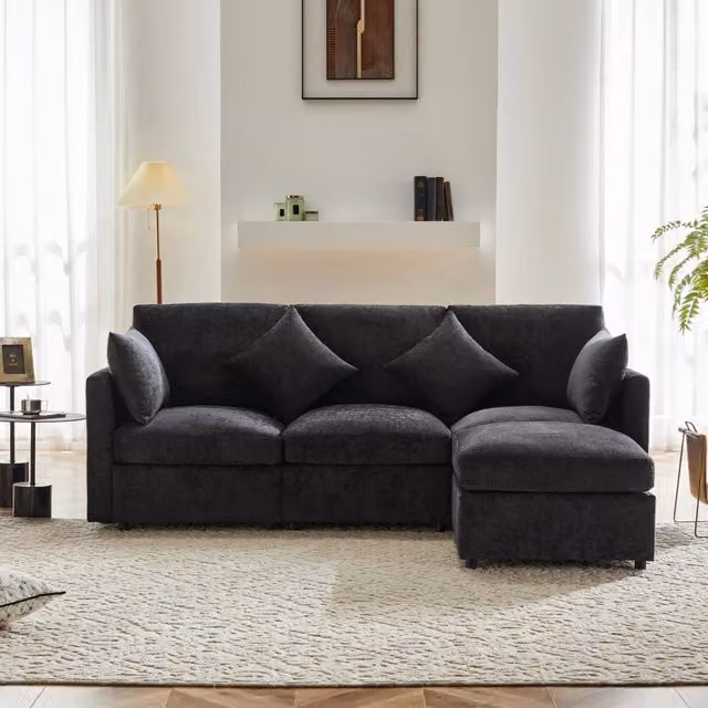 Divano Angolare Modulare 3 Posti con Poggiapiedi e Cuscini in Chenille ¨C MINIMAL ¨C Grigio