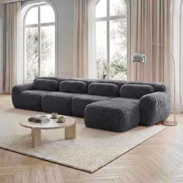 Divano Angolare 4 Posti con Chaise Longue MINIMAL in Tessuto Grigio con Cuscini e Funzione Letto