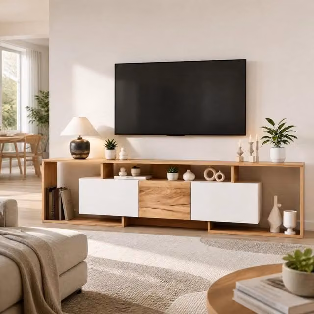 Mobile porta TV OKWISH in stile scandinavo per soggiorno con 2 ante a ribalta, 1 anta e 3 vani aperti, bianco e naturale, L 180 cm x P 30 cm x H 49 cm