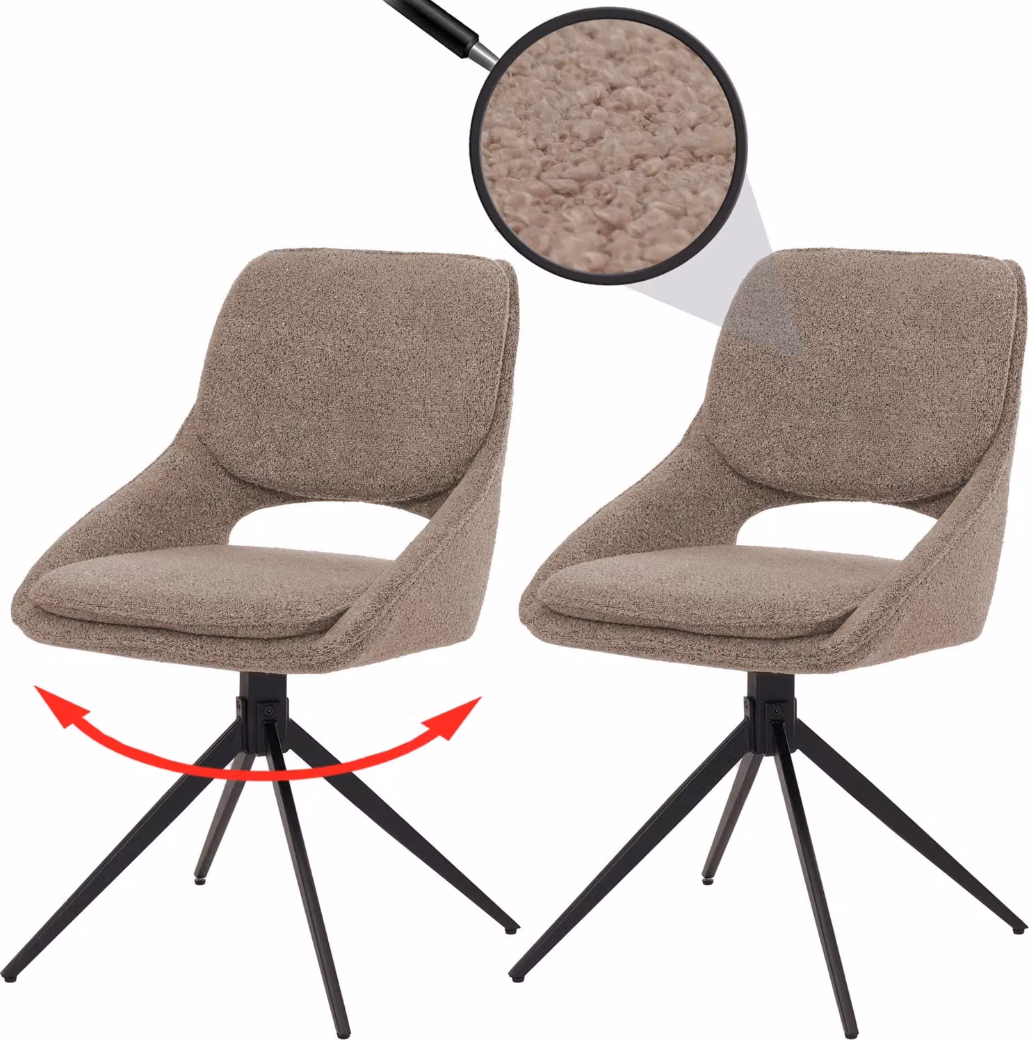 Set di 2 sedie da pranzo HWC-N73, sedia per cucina, girevole con ritorno automatico, rivestita in tessuto boucle (540g/m²), colore beige