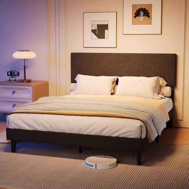 Letto imbottito UnboxG 160x200 cm in lino grigio, testiera imbottita, robusto telaio in metallo con rete a doghe, design intramontabile per la camera da letto