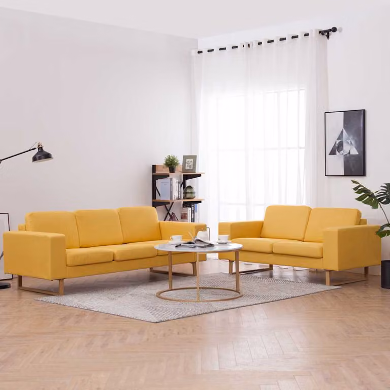 Set di divani vidaXL in tessuto giallo con struttura in legno, composto da un divano a 2 posti e un divano a 3 posti