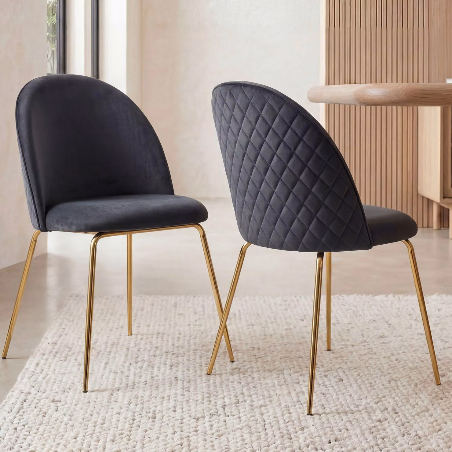 FineBuy Design Sedie da pranzo in velluto nero, set da 2 con trapuntatura, sedia da cucina moderna, sedia da pranzo con gambe dorate, comode sedie da cucina imbottite
