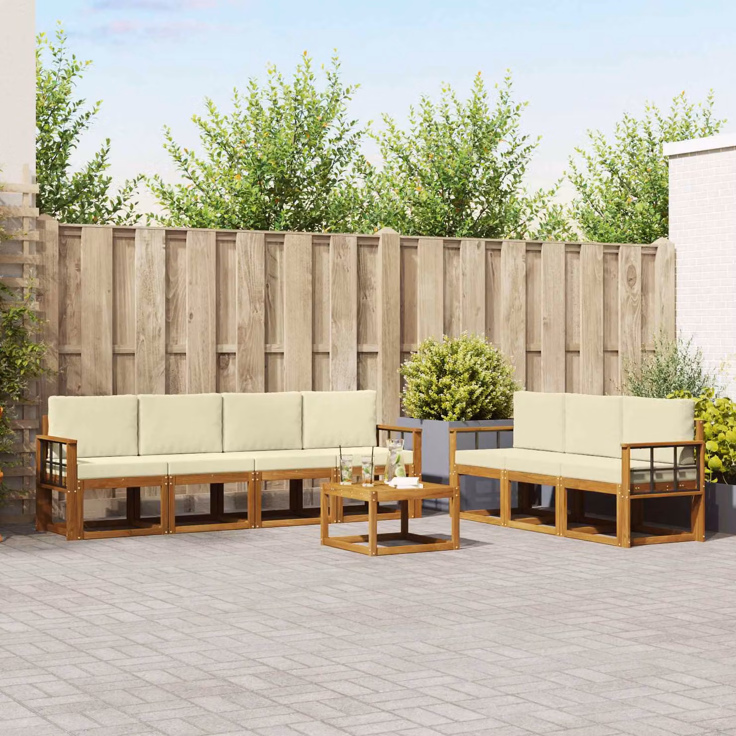 Set di divani da esterno vidaXL 8 pz in legno di acacia con cuscini, colore beige e bianco