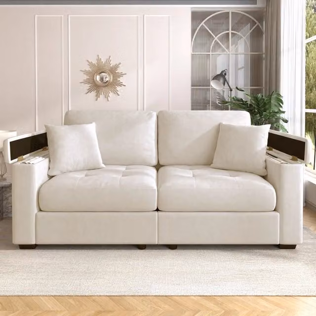 Divano a 2 posti REDOM in tessuto beige con vano portaoggetti nei braccioli e 2 cuscini, L: 180 cm