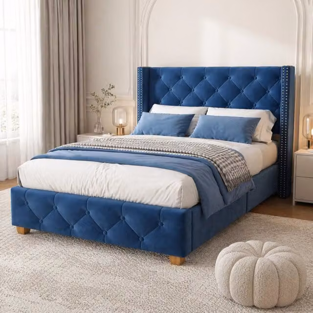 Letto imbottito 90x200 cm in velluto blu con testiera decorata e rete a doghe