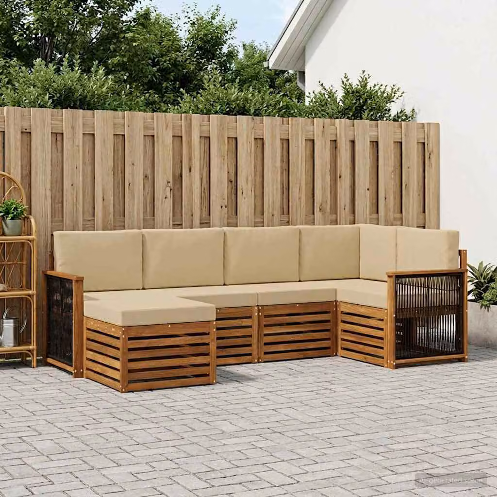 Set di divani da esterno vidaXL a forma di L in legno di acacia con pouf e cuscini, colore beige e marrone