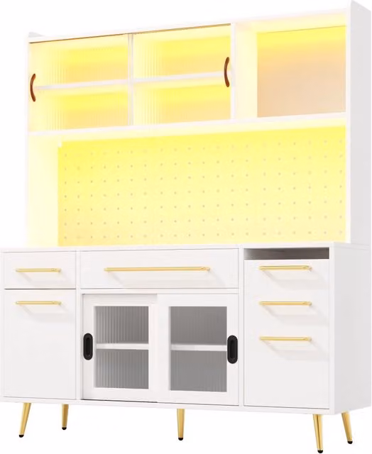 Mobile Buffet Moderno con Illuminazione LED, Armadio Alto con Pegboard in MDF, Cassetti e Porta in Vetro, Bianco, 145x39x171 cm