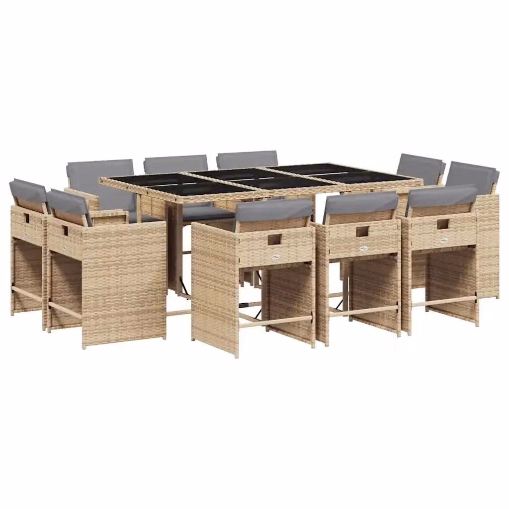 Set Pranzo da Giardino vidaXL in Polyrattan da 11 Pezzi con Cuscini Beige e Piano in Vetro – 2