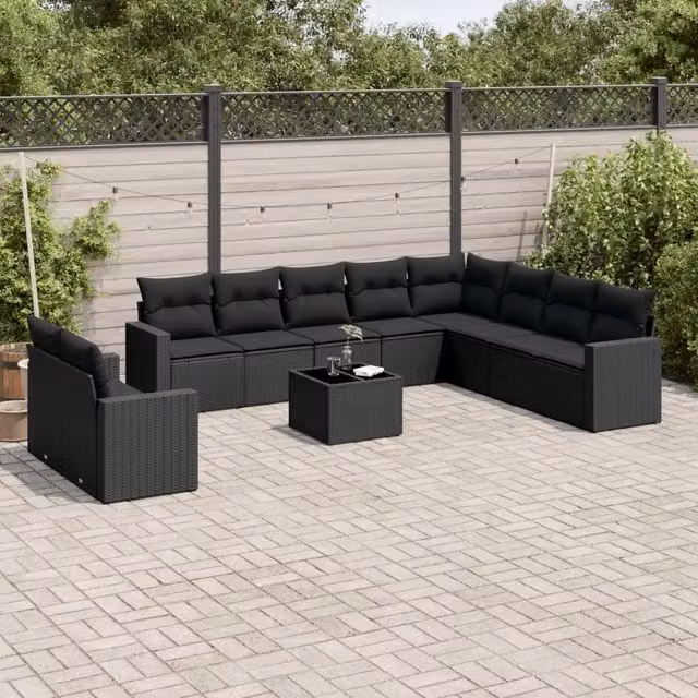 Set di divani da giardino VIDAXL in polyrattan nero con cuscini, 11 pezzi
