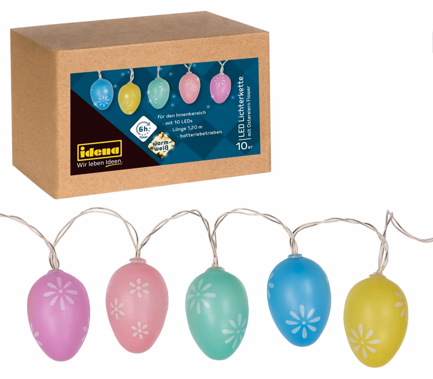Catena luminosa a LED per Pasqua, con 10 LED bianco caldo, uova colorate, timer e lunghezza di 1,2 metri